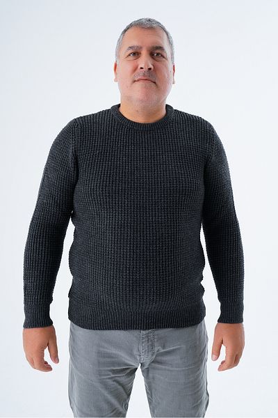 Trist Star Ανδρικό μάλλινο πουλόβερ με λαιμόκοψη - Plus Size, Anthracite, Thessaloniki Knitting TRIST-2116