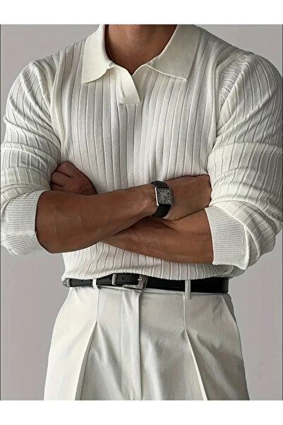 BLUE STREET Erkek Beyaz Slim Fit Düz Polo Yaka Triko Kazak