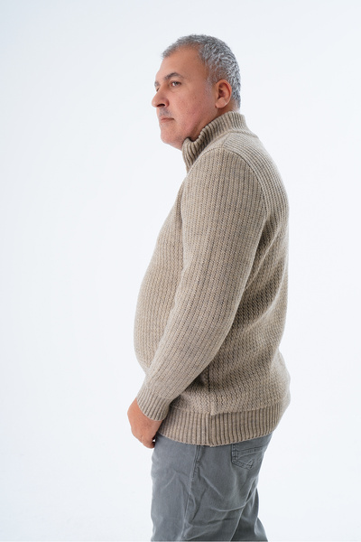 Trist Star Ανδρικό πλεκτό μάλλινο πουλόβερ βιζόν - Ζιγκ-ζαγκ, γιακάς, κοντό φερμουάρ - Plus Size TRIST-2117