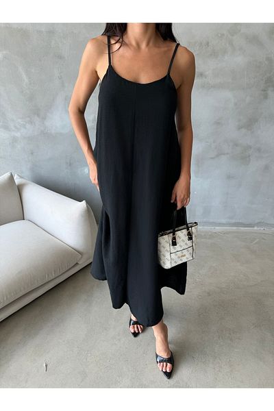 Gi Collection Rochie midi din in negru - Curea reglabila