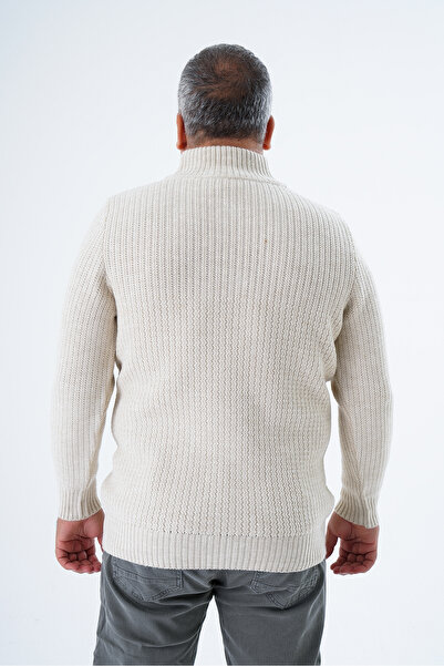 Trist Star Men's Beige Knitwear Wool Sweater - Zigzag Execution, Stand Collar, Short Zippered Trist-2117