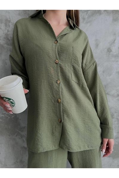 Irmak Kerekli 10277 Linen Double Set Khaki Bottom Top Set, Women's Bottom Top Set, Knitwear Bottom Top Set, Khaki Set