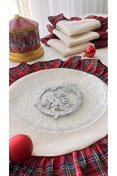 White Alamode Natural Plaid Ruffled Round Placemat Set of 4 40x40cm