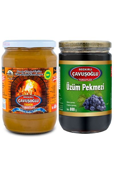Bozkırlı Çavuşoğlu Steppe Tahini Glass Jar with Bran in Wood Fire 600g Grape Molasses Glass Jar 800g