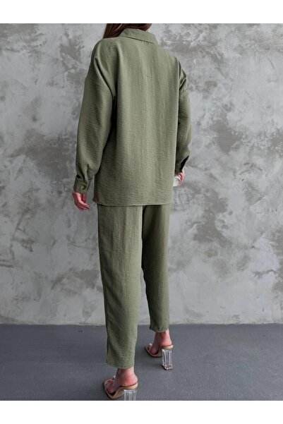 Irmak Kerekli 10277 Linen Double Set Khaki Bottom Top Set, Women's Bottom Top Set, Knitwear Bottom Top Set, Khaki Set