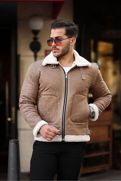 Mero Life Υψηλής ποιότητας ανδρικό δέρμα Napa - Full Fur Slim Fit Cream Coats & Jackets