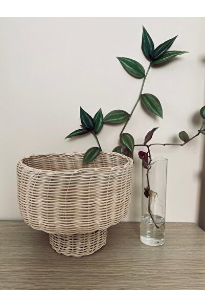 Veneris Design Rattan Bambu Hasır Çok Amaçlı Ayaklı Sepet Saksılık Meyve Sepeti