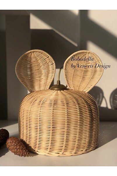 Bohodella Çocuk Odası Rattan Bambu Hasır Avize, Kulaklı Avize