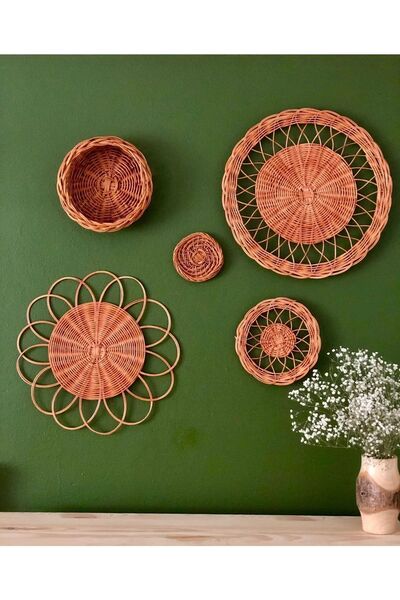 Veneris Design 5’li Rattan Bambu Hasır Duvar Süsü Duvar Sepeti