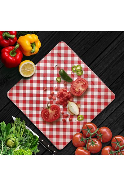Decovetro Red and White Patterned Square Glass Cutting Board