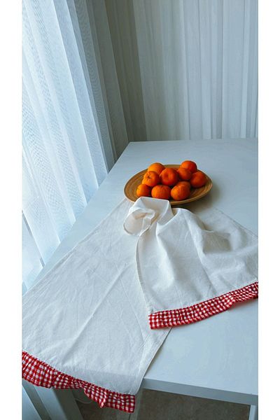 White Alamode Natural Raw Linen Red Gingham Ruffle Detailed Runner 40x140cm