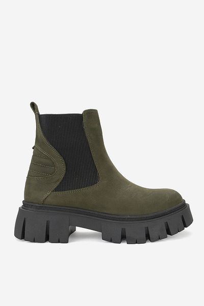 TUNAELLİ Women's Green Suede Genuine Natural Leather Thick Heel Chelsea Boots & Booties