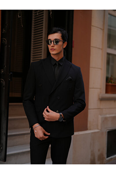 LONATOLİA Men's Double Breasted Suit Italian Style Slim Fit Jacket Trousers-Black