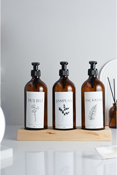 LALEZEN HOME طقم دش مكون من 3 قطع مع حامل خشبي وزجاجة زجاجية كهرمانية سعة 500 مل