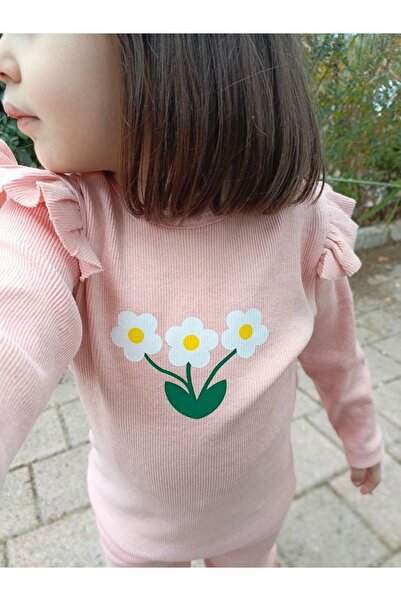 Aynema Kids Kız Çoçuk 3lü Papatya Baskılı Omuz Fırfırlı Kaşkorse Takım