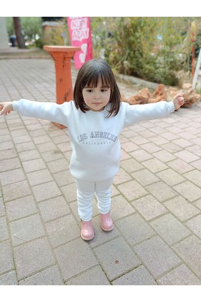 Aynema Kids طقم سويت شيرت أبيض للجنسين بطبعة 3 خيوط من لوس أنجلوس