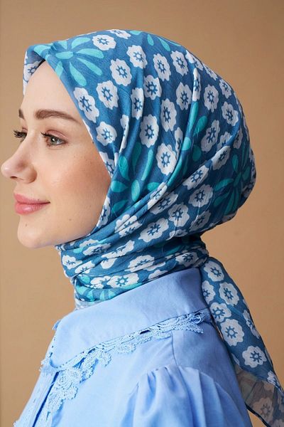 Modakaşmir Light Blue Vintage Daisy Patterned Bamboo Scarf
