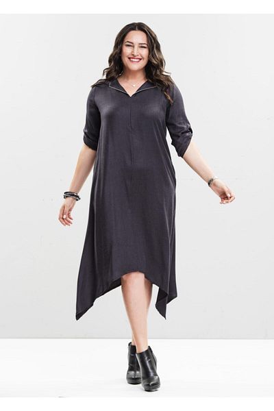 Even Plus Size - Büyük Beden Kadın Giyim Women's Gray Anthracite Collar Chain Detailed Plus Size Dress