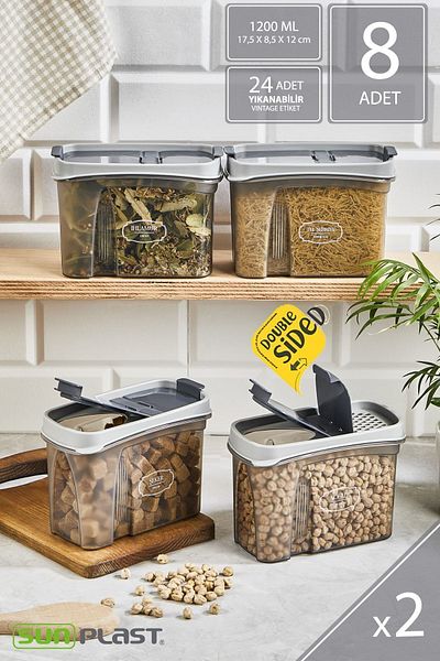 Sunplast 8-Piece Storage Container Set - Leak Proof Double Sided Lid - Anthracite Food Container - 1200ML