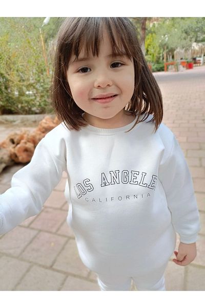 Aynema Kids طقم سويت شيرت أبيض للجنسين بطبعة 3 خيوط من لوس أنجلوس
