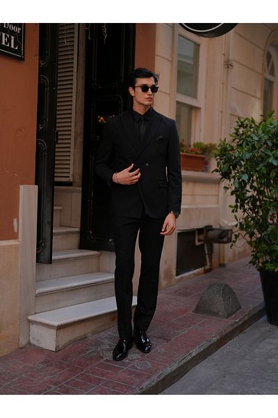 LONATOLİA Men's Double Breasted Suit Italian Style Slim Fit Jacket Trousers-Black