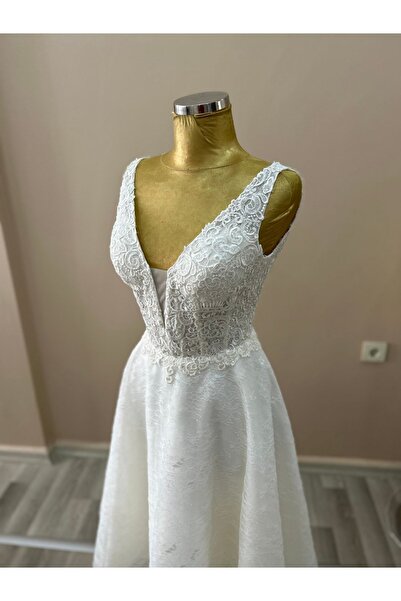 TUĞÇE ÜNVERENLER Helen Model Midi Boy Fransız Dantel Pul Işlemeli Krem Renk Nikah, After Party Elbisesi