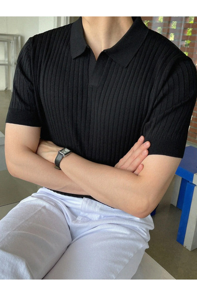 BLUE STREET Black Slim Tight Polo Neck Plain Knitwear T-Shirt