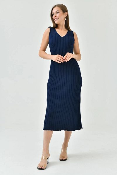 WOMAN VISION Tricotaj de damă cu decolteu în V, țesătură, fără căptușeală, mărime midi, fără mâneci, decolteu în V, vară, bleumarin, tricotaj, rochie 1130