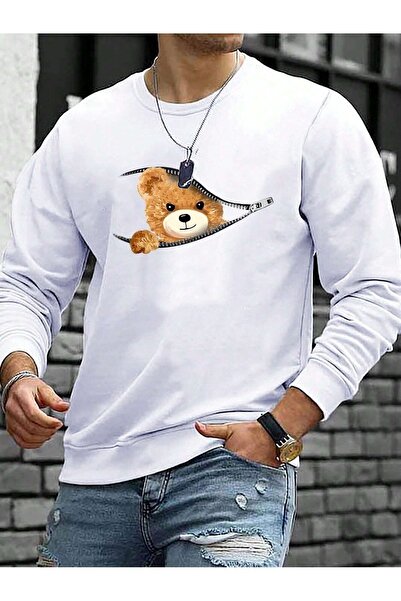 Deocept Bear Printed White Oversize Unisex Φούτερ - Φερμουάρ, Crew Neck