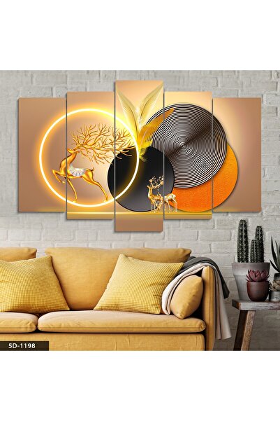 Evinemoda Gold Geyik Geometrik Desenler 5 Parça Mdf Tablo