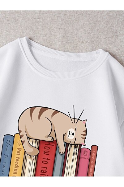 Deocept Λευκό υπερμεγέθη φούτερ - SAY Cat Printed on Books, Crew Neck, Unisex