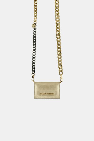 Black Ribbon Gold Genuine Leather Chain Mini Card Holder