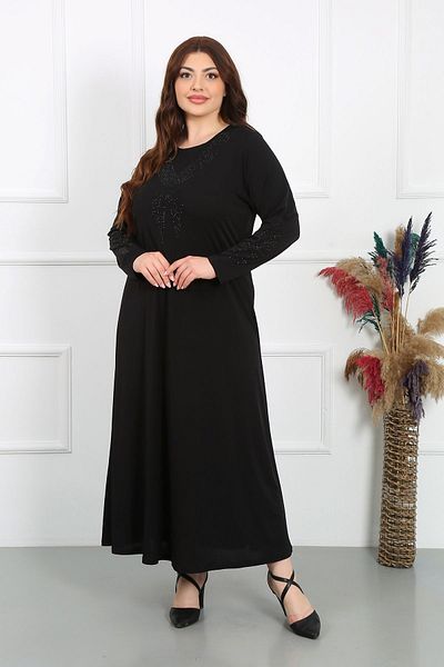 YASEŞA BUTİK Plus Size Black Lycra Mother's Dress - Bead Detailed Collar and Sleeves