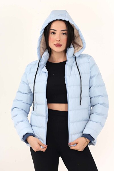 FY Store Palton sport gonflabil albastru - glugă detașabilă, suprafață interioară cu blană artificială