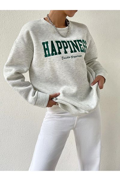 Deocept Φούτερ Unisex Grey Oversize - Double Happiness Printed, Crew Neck