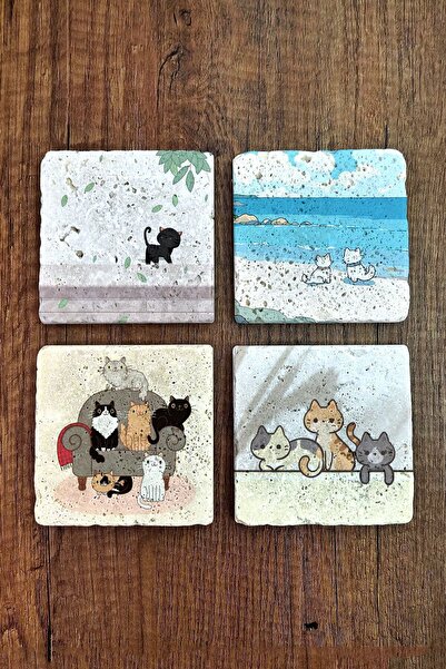 Begoloni Stone Decor Natural Stone Coasters Set of 4 10x10x1 cm Cute Cats Pri...