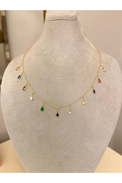 emy by emel luxury silver jewelry Altın Kaplama Renkli Damla Taşlı Kolye 925 ...