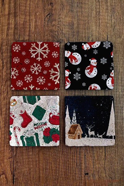 Begoloni Stone Decor Yeni Yıl - Yılbaşı Doğal Taş Bardak Altlığı Uv Baskılı 4'lü Set - Stone Coasters - New Year