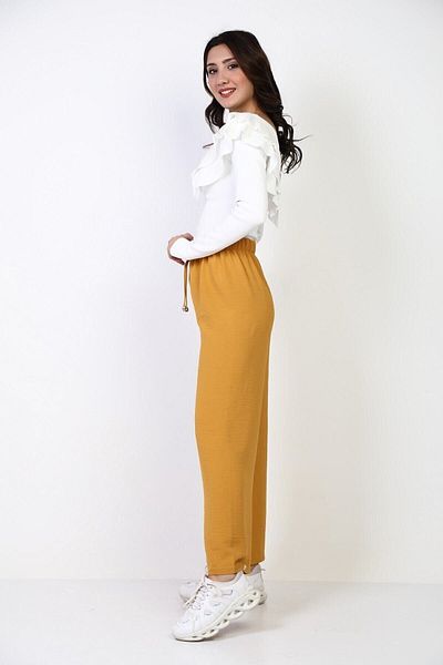 Moda Bu Women's Mustard Elastic Waist Wide Leg Loose Summer Trousers Aerobin-865829
