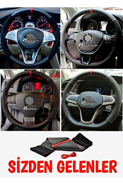 Asegaraj Volkwagen Araçlara Uyumlu Dikmeli Direksiyon Kılıfı Alkantara Karbon Kırmızı Yüzüklü (38×10.5cm)