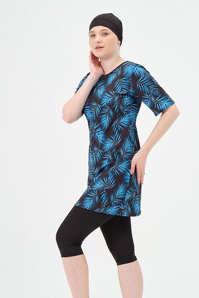 vawensea Women's Half Sleeve Patterned Hijab Swimsuit Blue (WIDE SIZE RANGE)