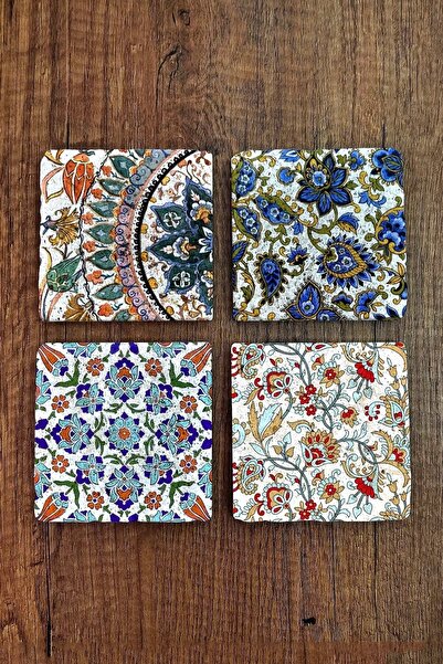 Begoloni Stone Decor Doğal Taş Bardak Altlığı Çini Desenler Baskılı 4'lü Set - Stone Coasters