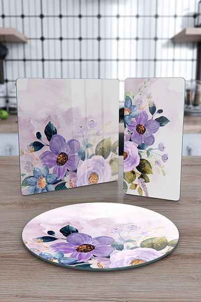 Decovetro Mixed Set of 3 - Glass Presentation Serving, Water Painted Flower Patterned Plate