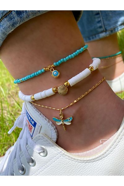Lucky Designs مجموعة خلخال ثلاثية ملونة باللون الفيروزي الأبيض/مجموعة خلخال اليعسوب