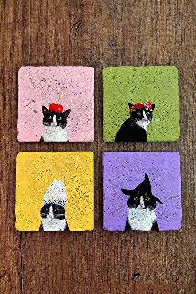 Begoloni Stone Decor Doğal Taş Bardak Altlığı Renkli Kedi Baskılı 4'lü Set