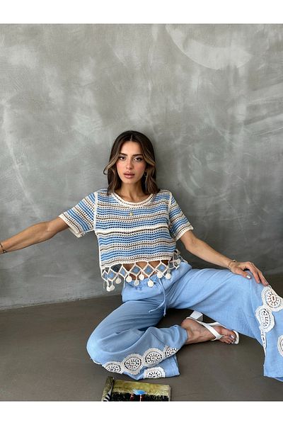 Miss Allos Bluză de damă cu gât rotund cu ciucuri ajurate