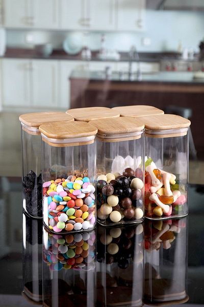 Karçiçeği Home 6-Piece 800 Ml Square Bamboo Lid Luxury Vacuum Spice Jar