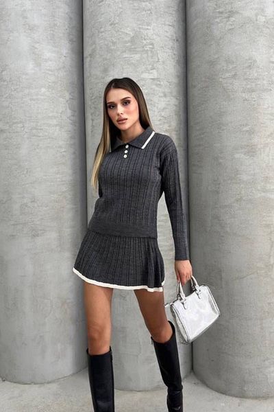 Ded COLLECTION Knitwear Women's Sweater anD Skirt Set - 3 Button DetaileD