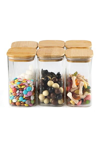 Karçiçeği Home 6-Piece 800 Ml Square Bamboo Lid Luxury Vacuum Spice Jar