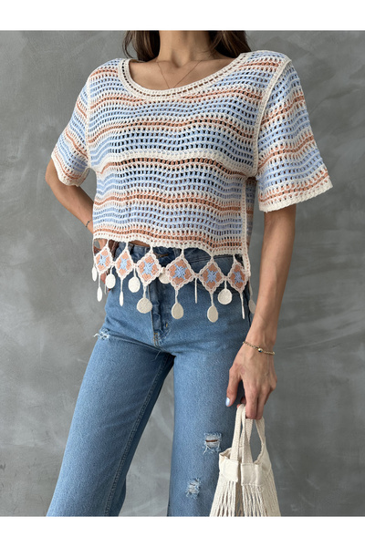 Miss Allos Round Neck Tasseled Women's Knitwear Blouse - Openwork